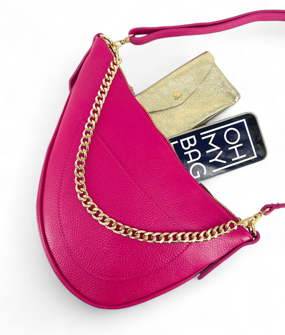 Sac demi-lune en cuir grainé DIANE Rose fuchsia