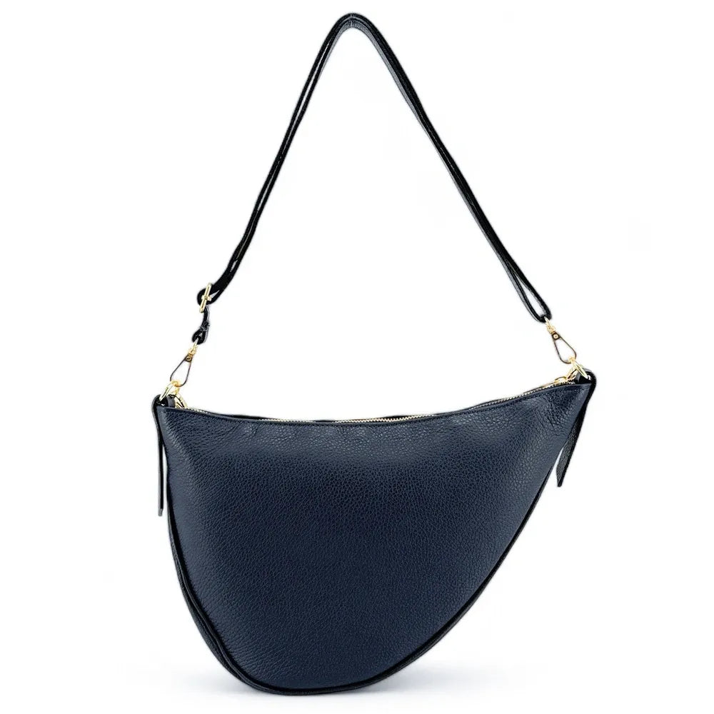 Sac demi-lune en cuir grainé DIANE Bleu marine