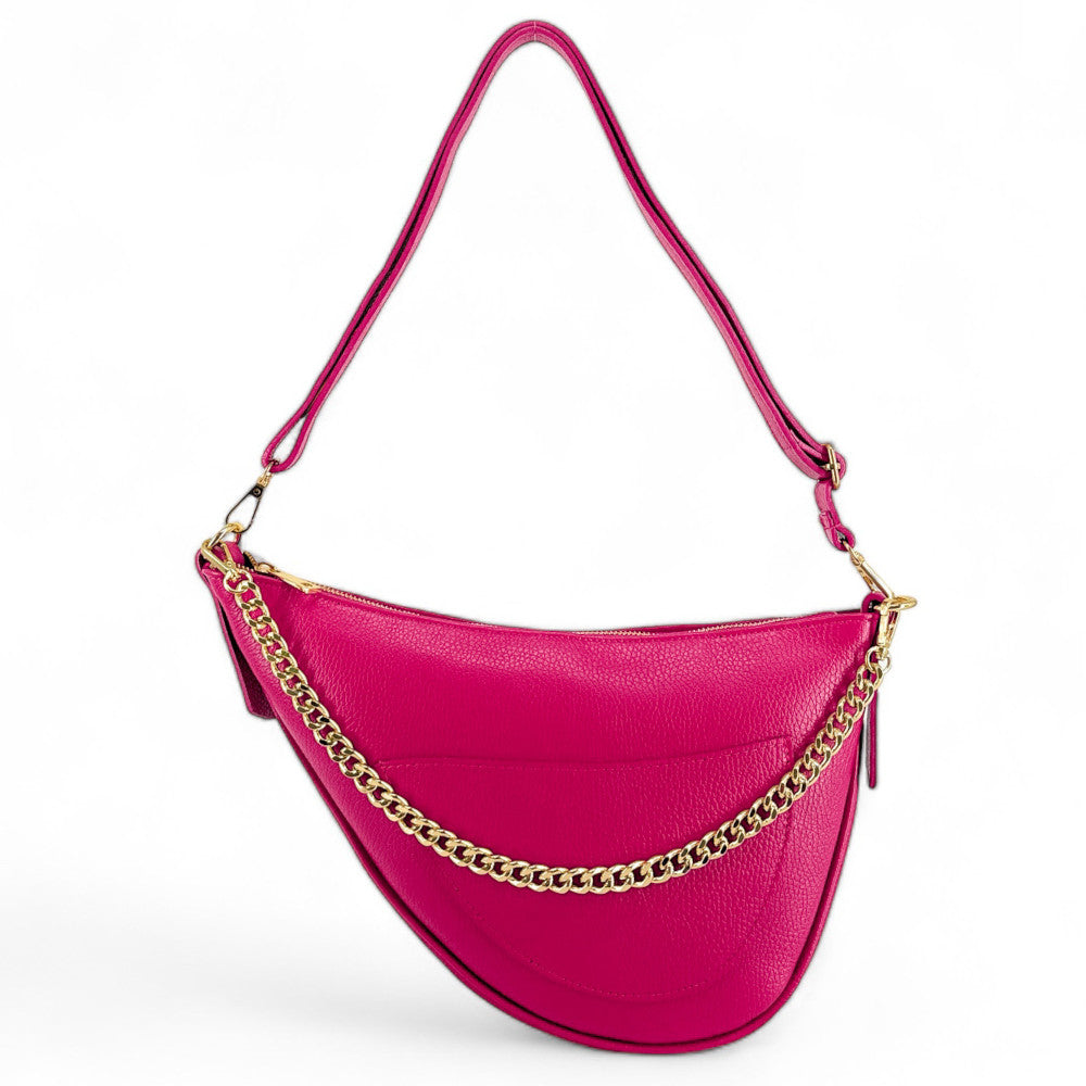 Sac demi-lune en cuir grainé DIANE Rose fuchsia