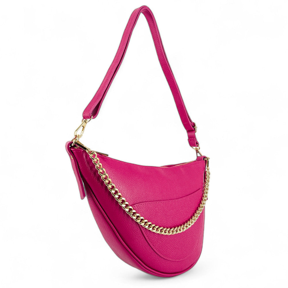 Sac demi-lune en cuir grainé DIANE Rose fuchsia