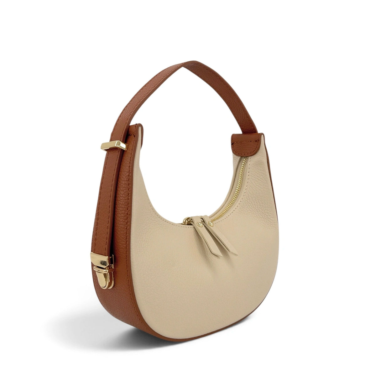 SILOE Taupe Grained Leather Crescent Bag
