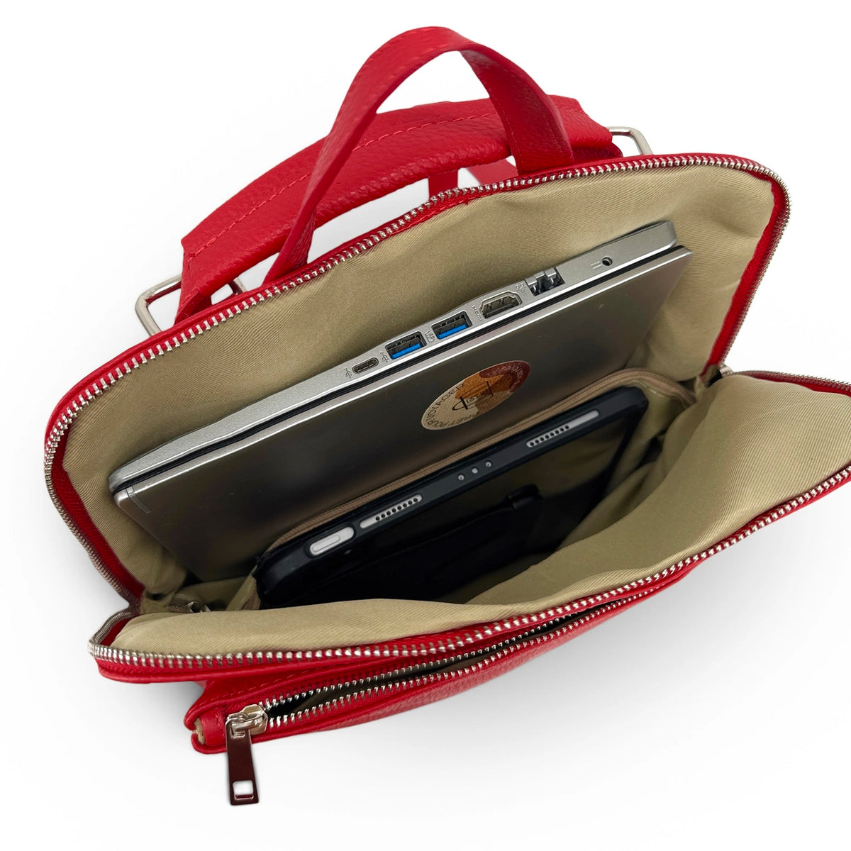 Rucksack aus genarbtem Leder CORFOU Krapprot