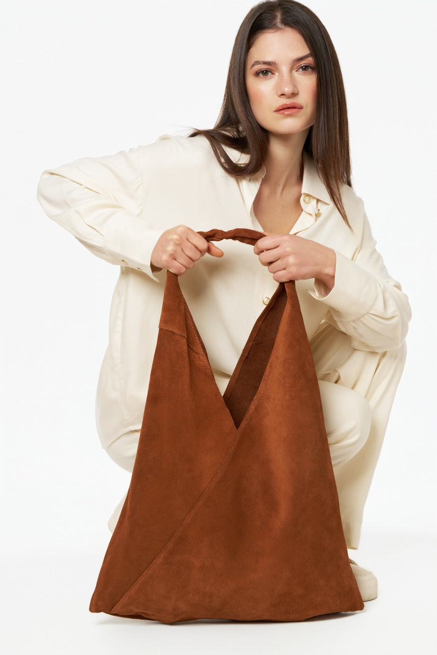 Große Hobo-Tasche aus Wildleder EOLIA Dunkelcamel