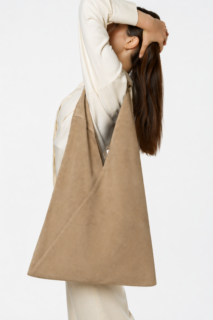 Grand sac hobo en daim EOLIA Taupe clair