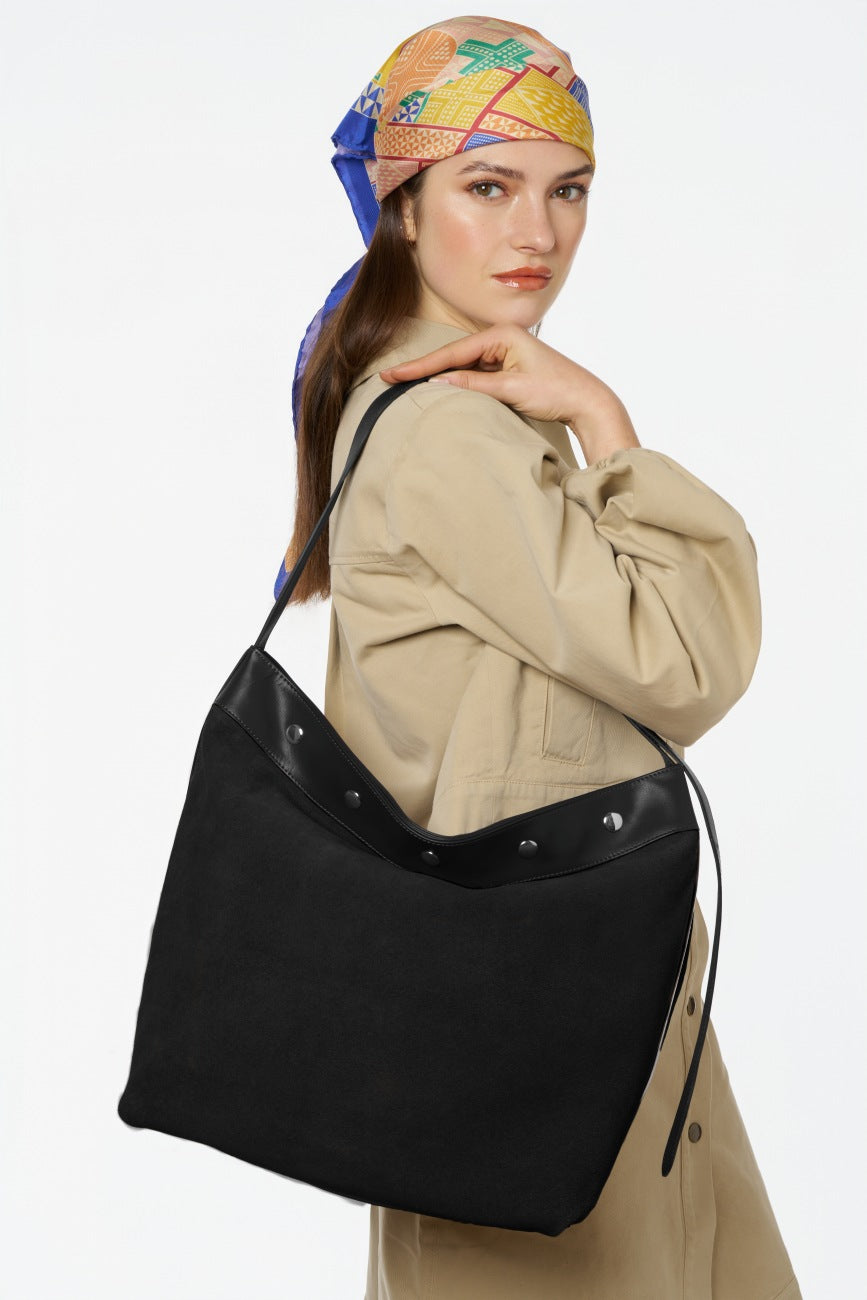 Grand sac cabas en daim et cuir lisse EMMA Noir