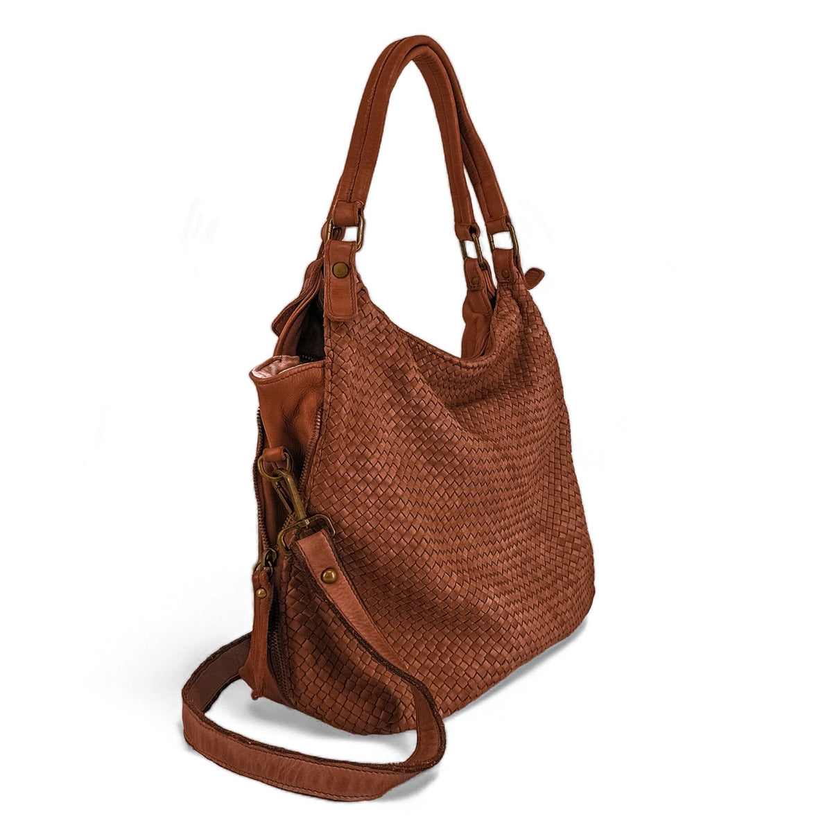 BRISBANE woven vintage leather handbag Dark cognac