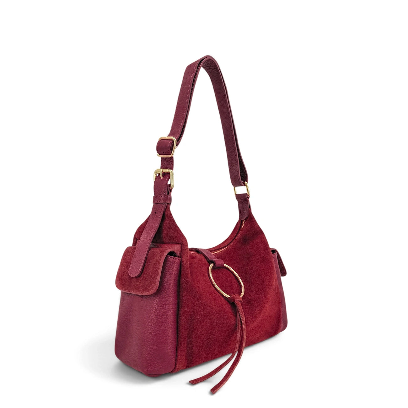 Sac Hobo en cuir grainé et cuir velours LARA Bordeaux