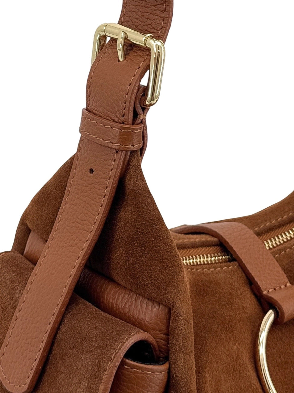 Hobotas van generfd leer en veloursleer LARA Donker camelbruin