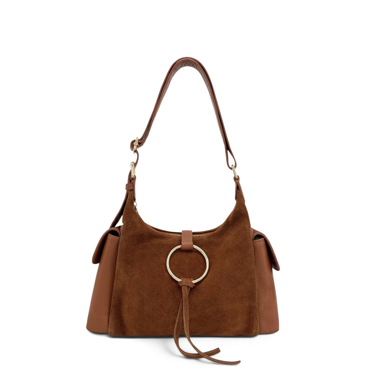 Sac Hobo en cuir grainé et cuir velours LARA Marron camel foncé