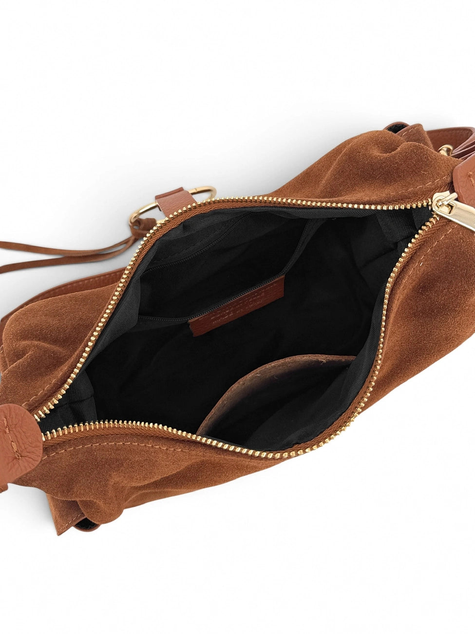 Hobotas van generfd leer en veloursleer LARA Donker camelbruin