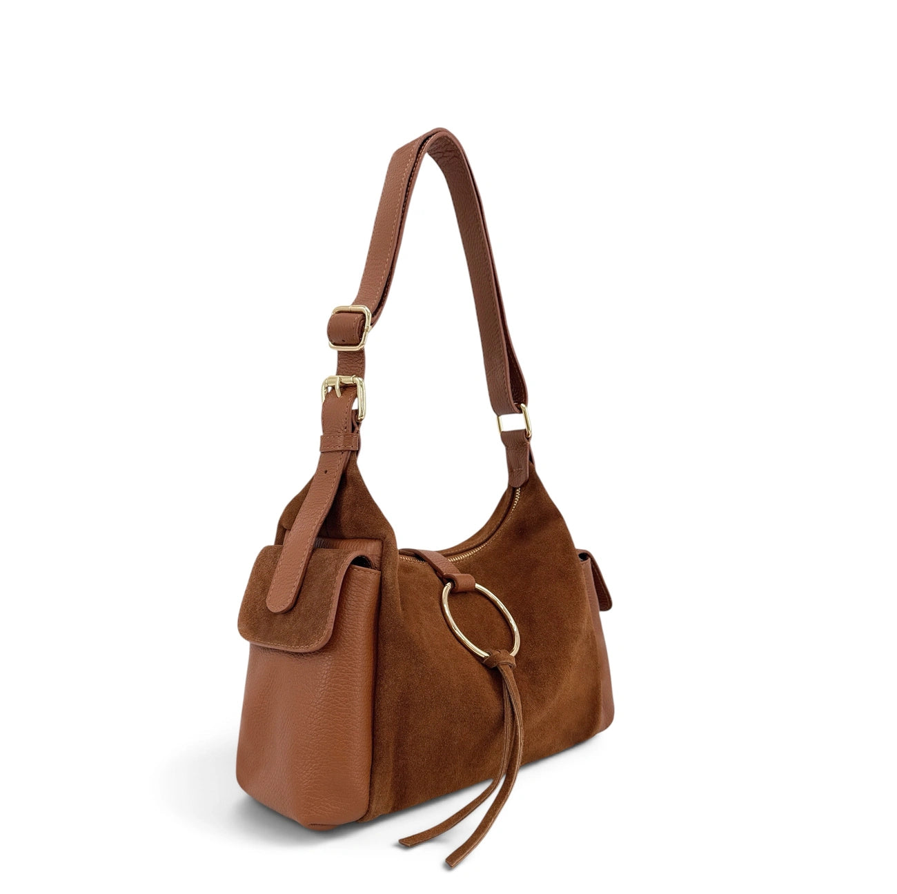 Sac Hobo en cuir grainé et cuir velours LARA Marron camel foncé