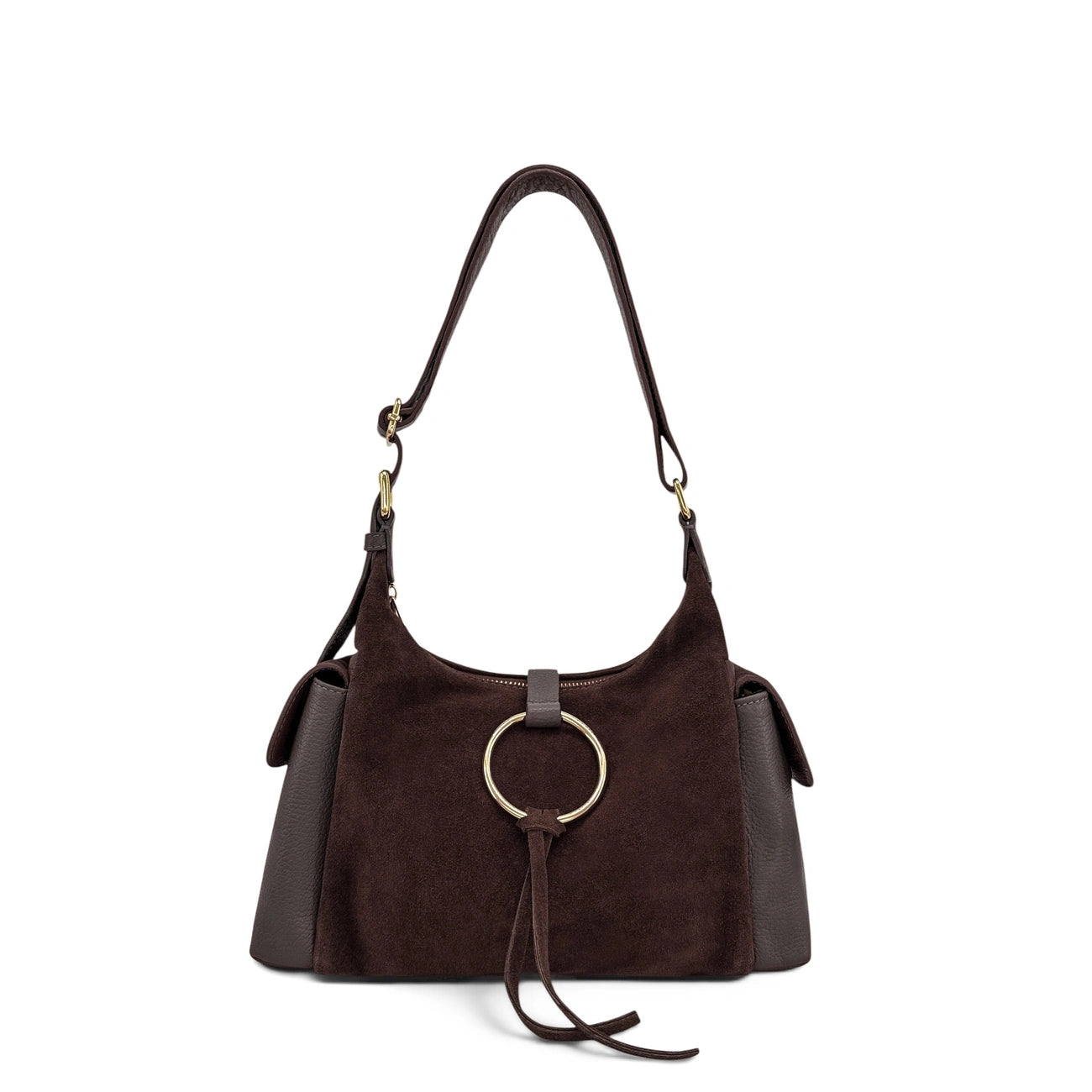 Sac Hobo en cuir grainé et cuir velours LARA Marron chocolat