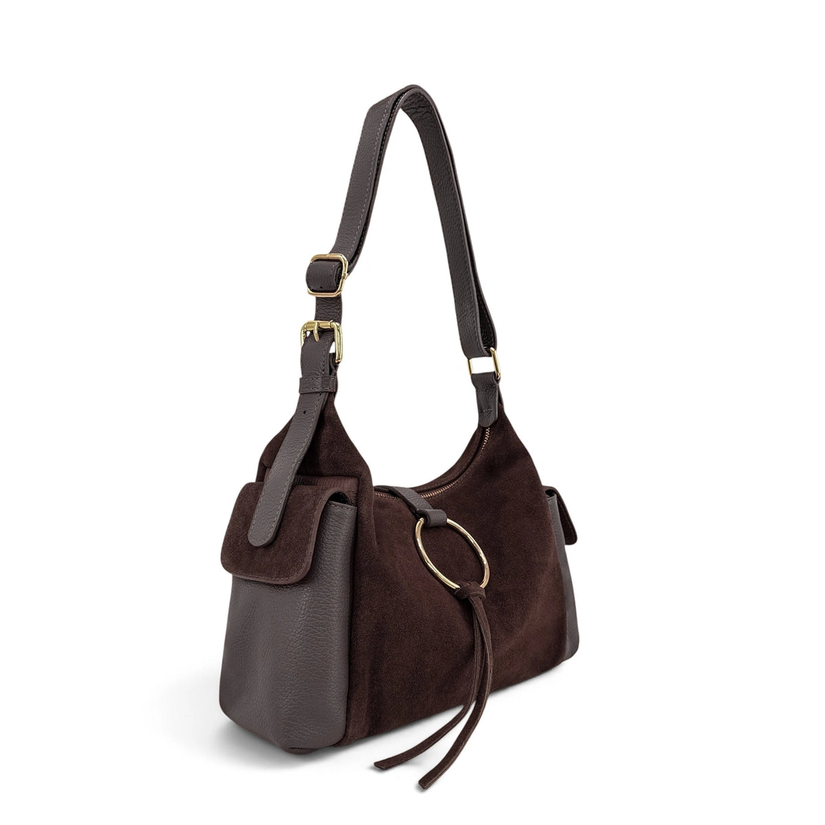 Sac Hobo en cuir grainé et cuir velours LARA Marron chocolat