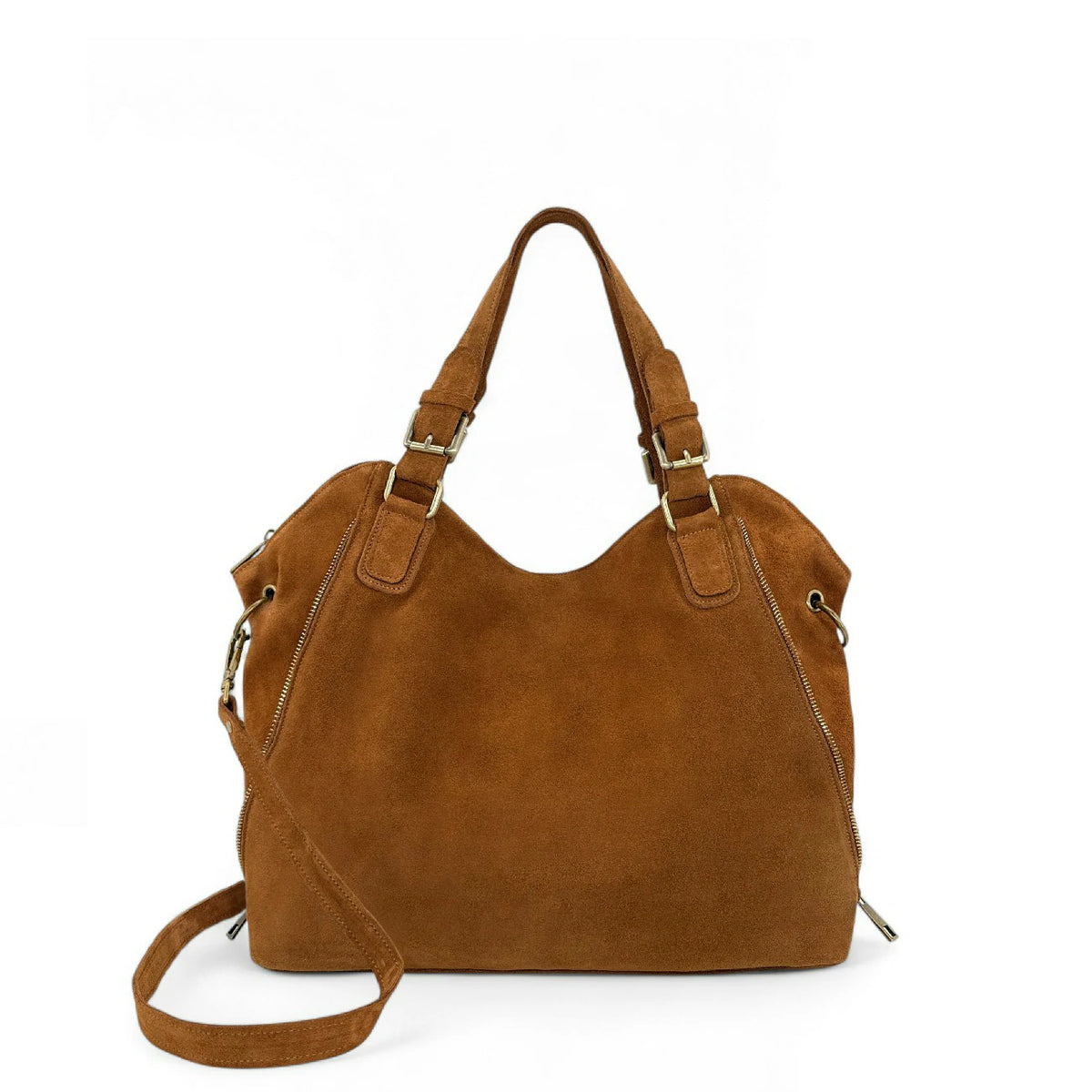 CAMELIA SUEDE large split suede hobo bag, Dark camel brown