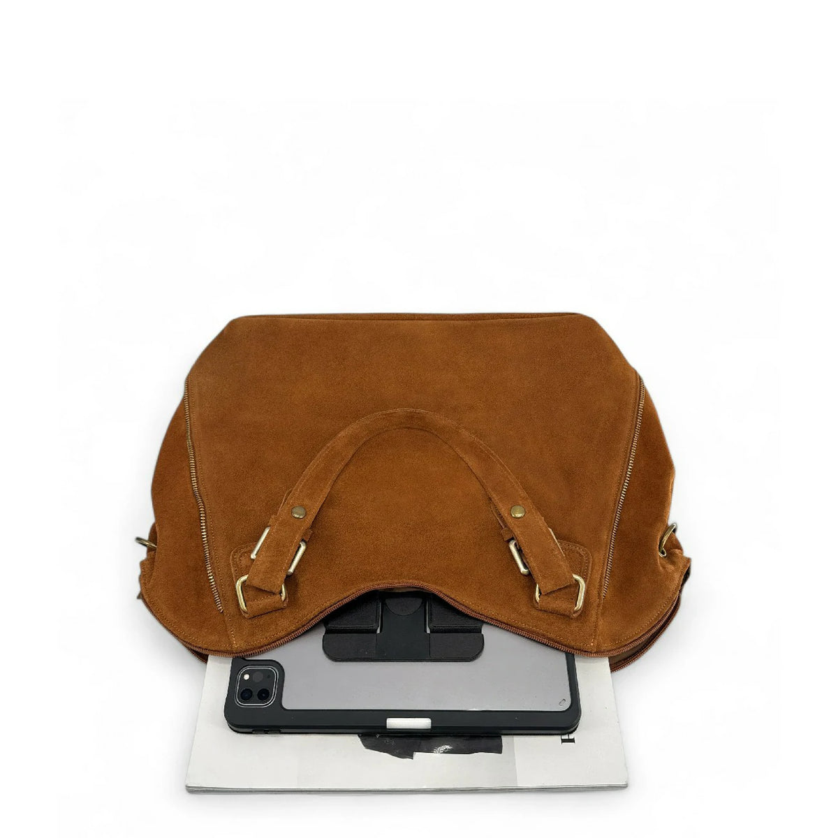 CAMELIA SUEDE large split suede hobo bag, Dark camel brown