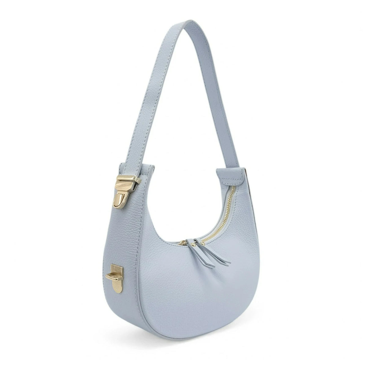 Halbmond-Tasche aus genarbtem Leder SILOE Pastellblau