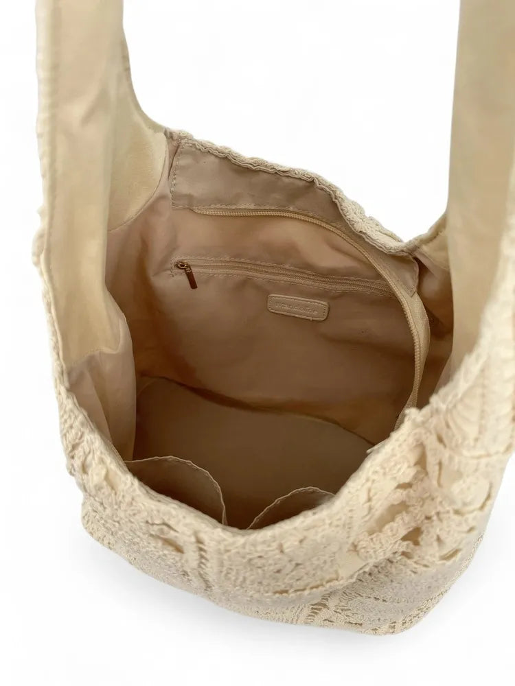 Sac Hobo en coton crocheté EVANA Beige crème