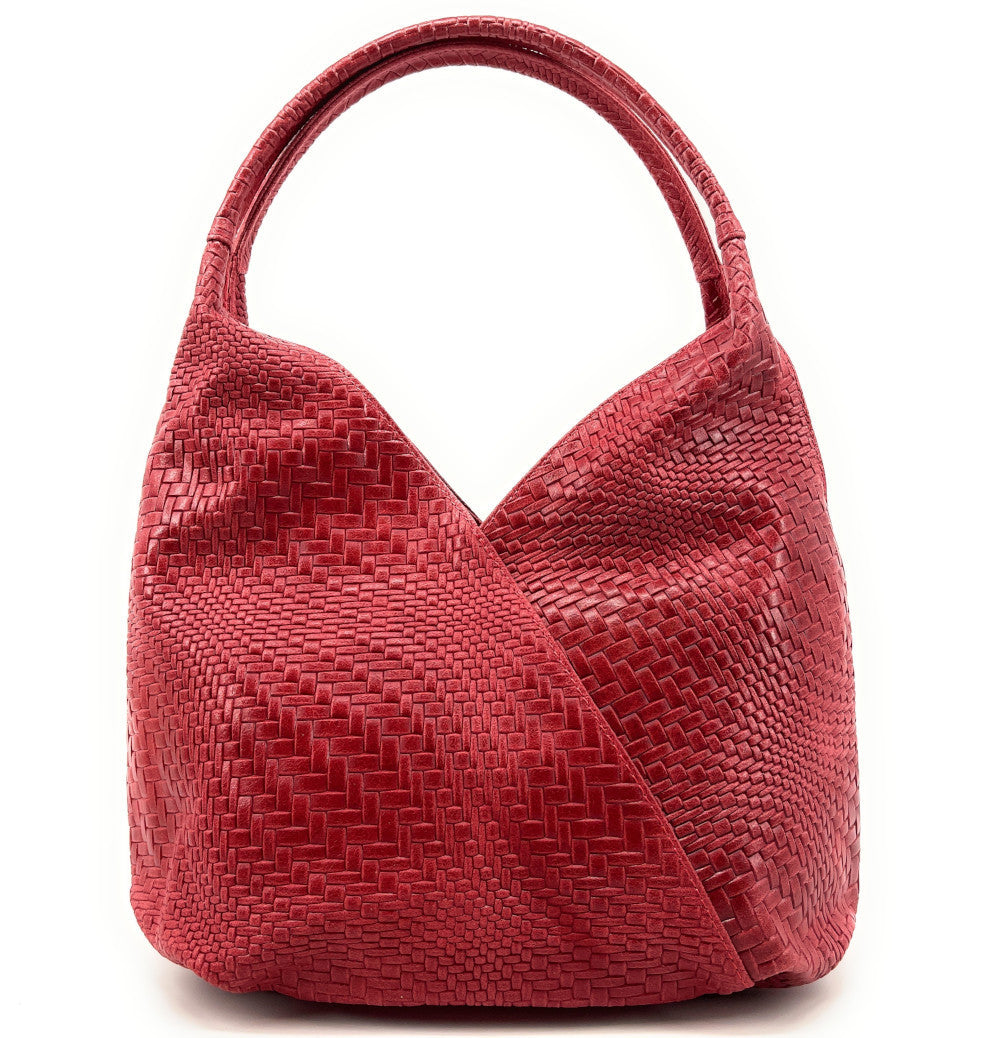 Sac HOBO en cuir embossé tressage MANDALAY Rouge magenta