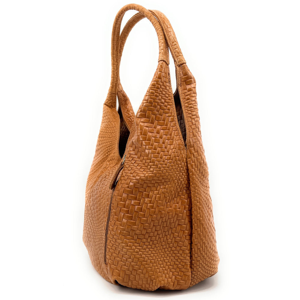 Sac HOBO en cuir embossé tressage MANDALAY Cognac