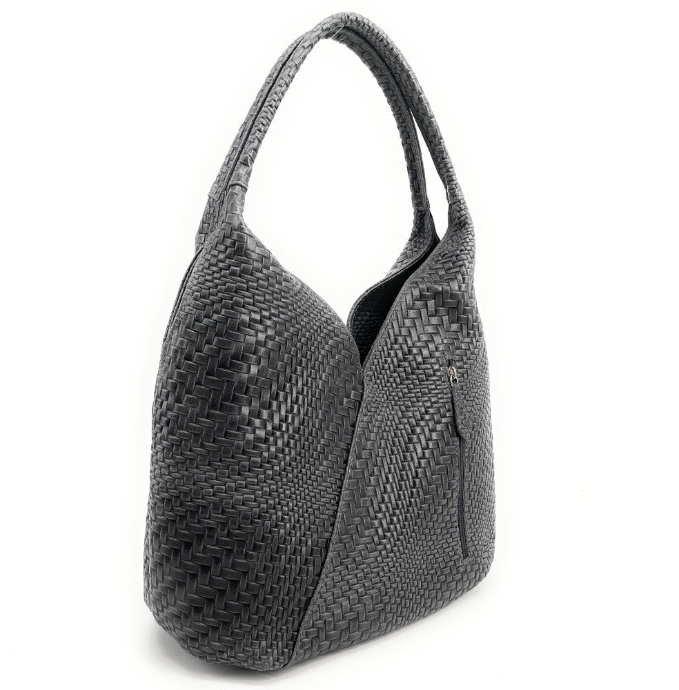 Sac HOBO en cuir embossé tressage MANDALAY Gris foncé