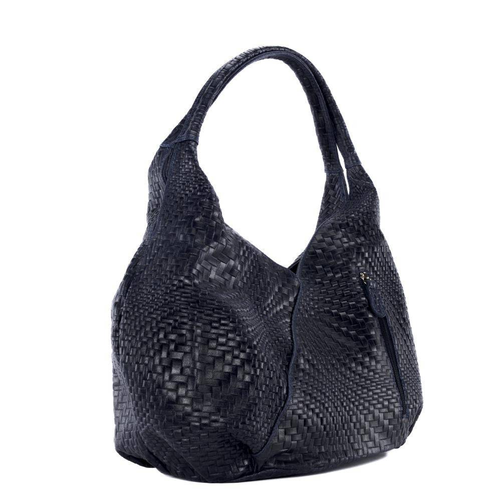 Sac HOBO en cuir embossé tressage MANDALAY Bleu marine