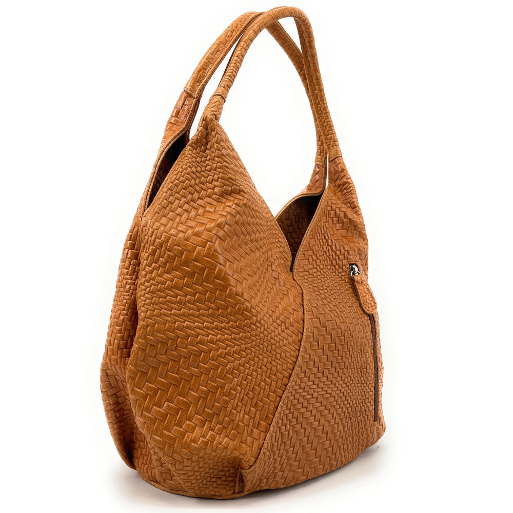 Sac HOBO en cuir embossé tressage MANDALAY Cognac