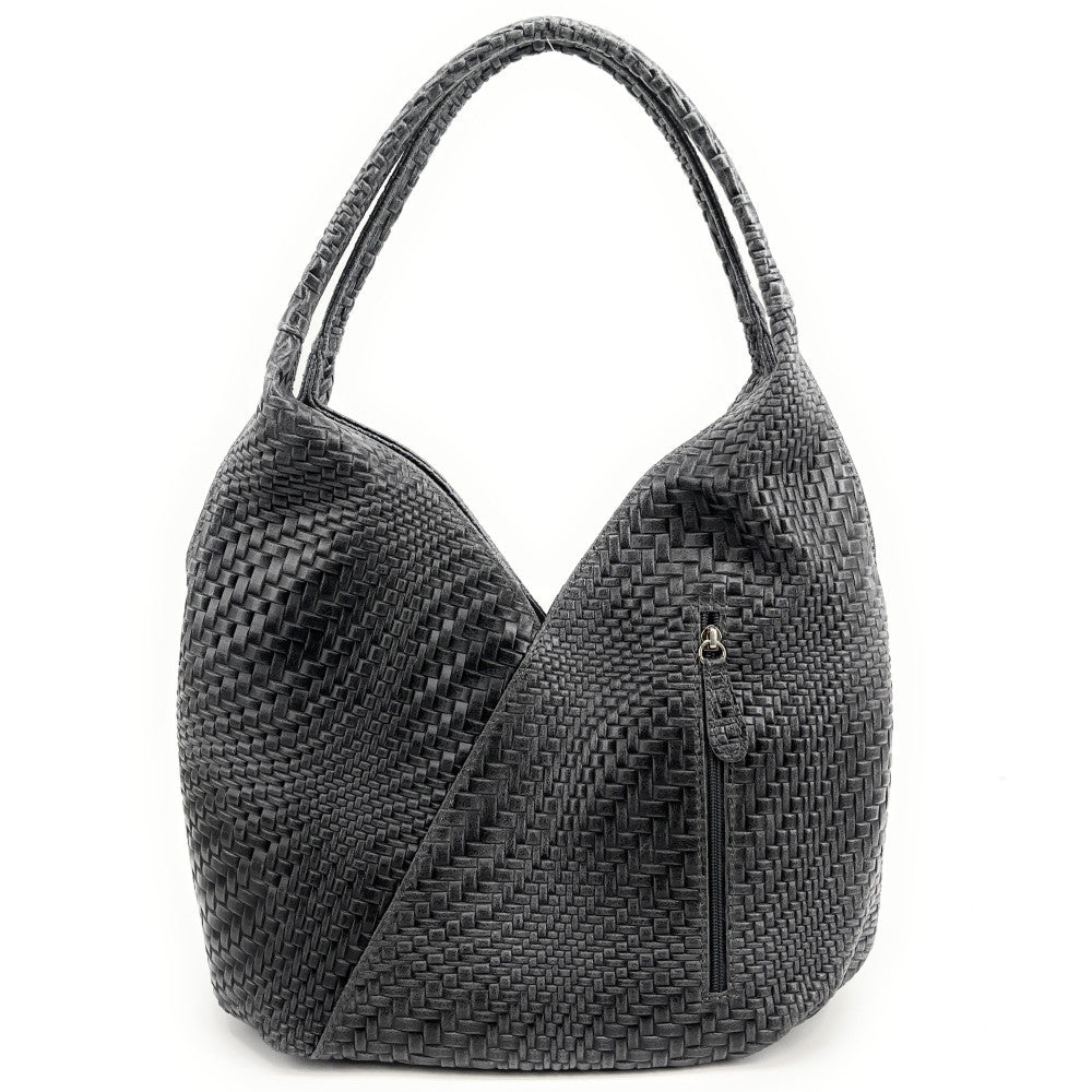 Sac HOBO en cuir embossé tressage MANDALAY Gris foncé