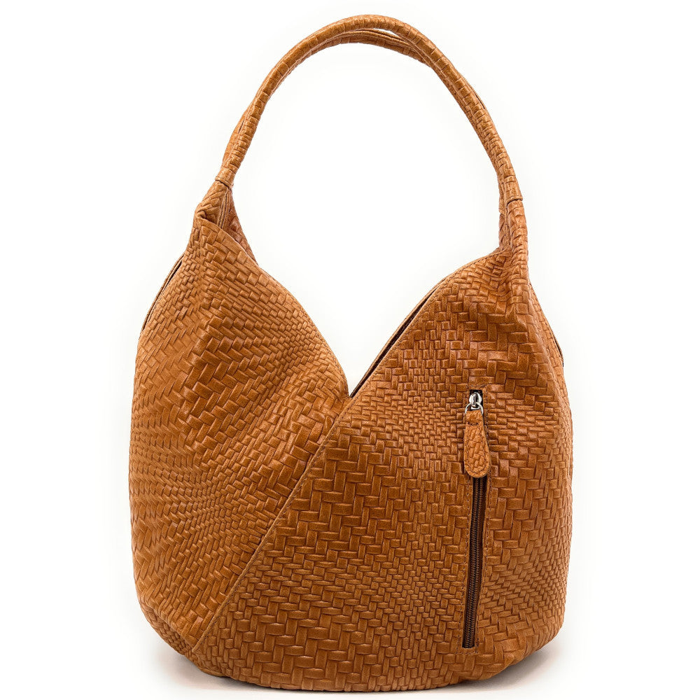 Sac HOBO en cuir embossé tressage MANDALAY Cognac