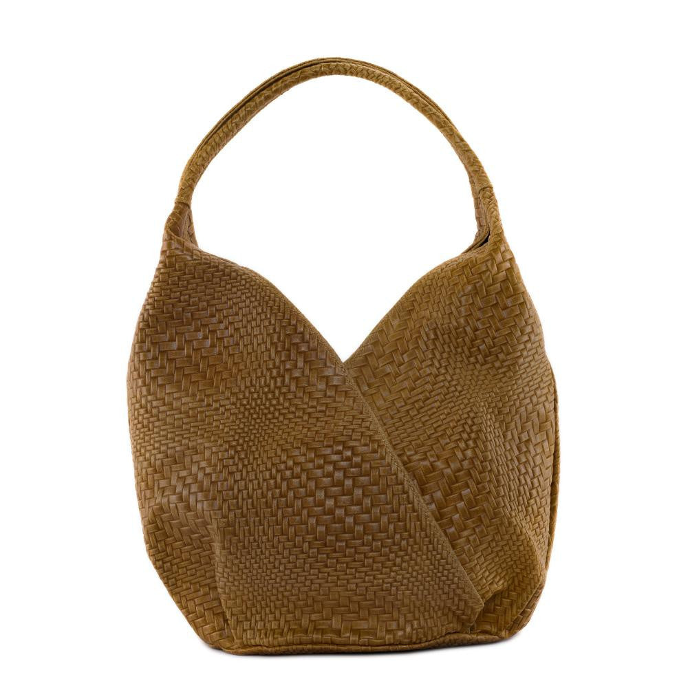 Sac HOBO en cuir embossé tressage MANDALAY Camel