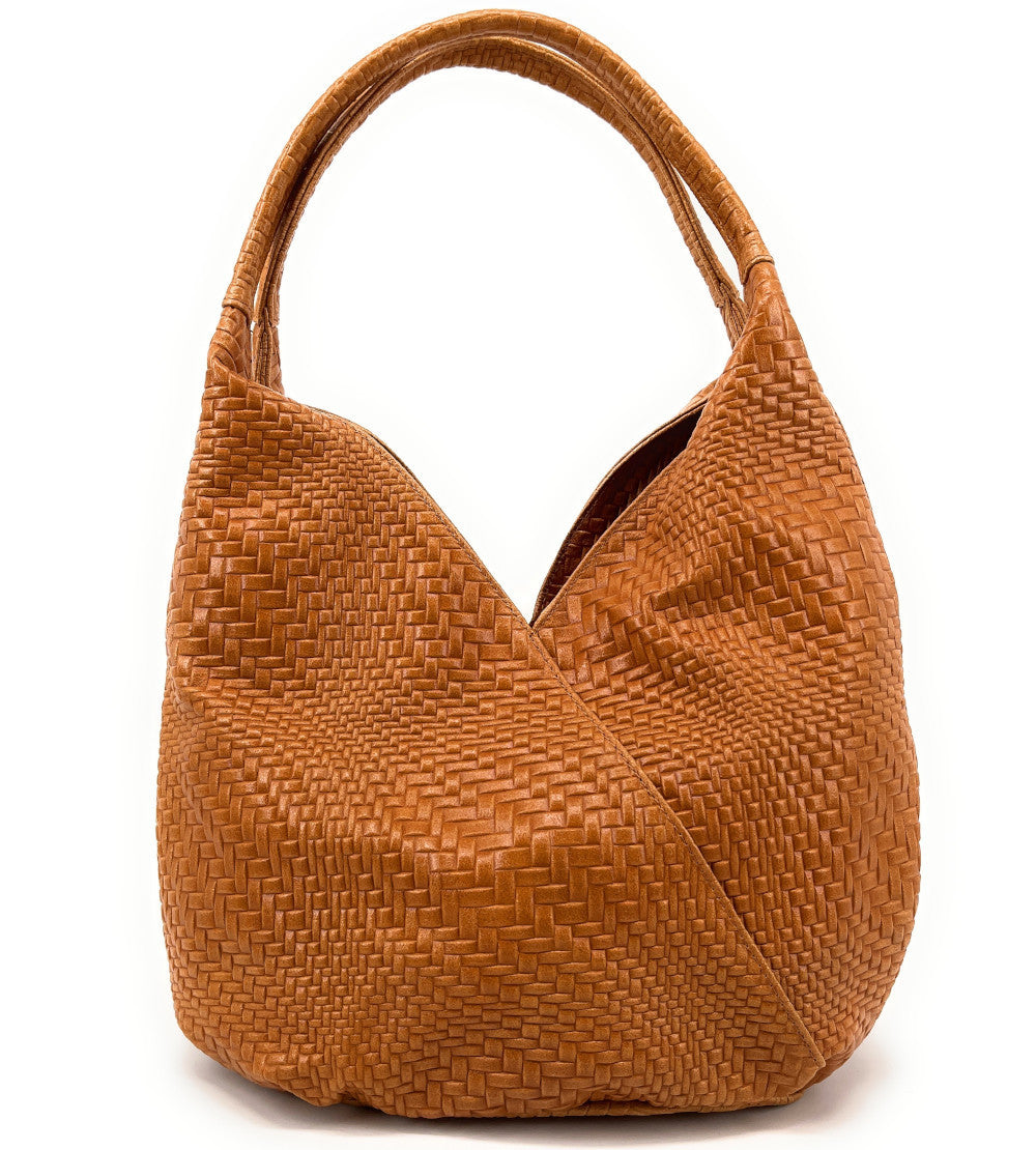 Sac HOBO en cuir embossé tressage MANDALAY Cognac