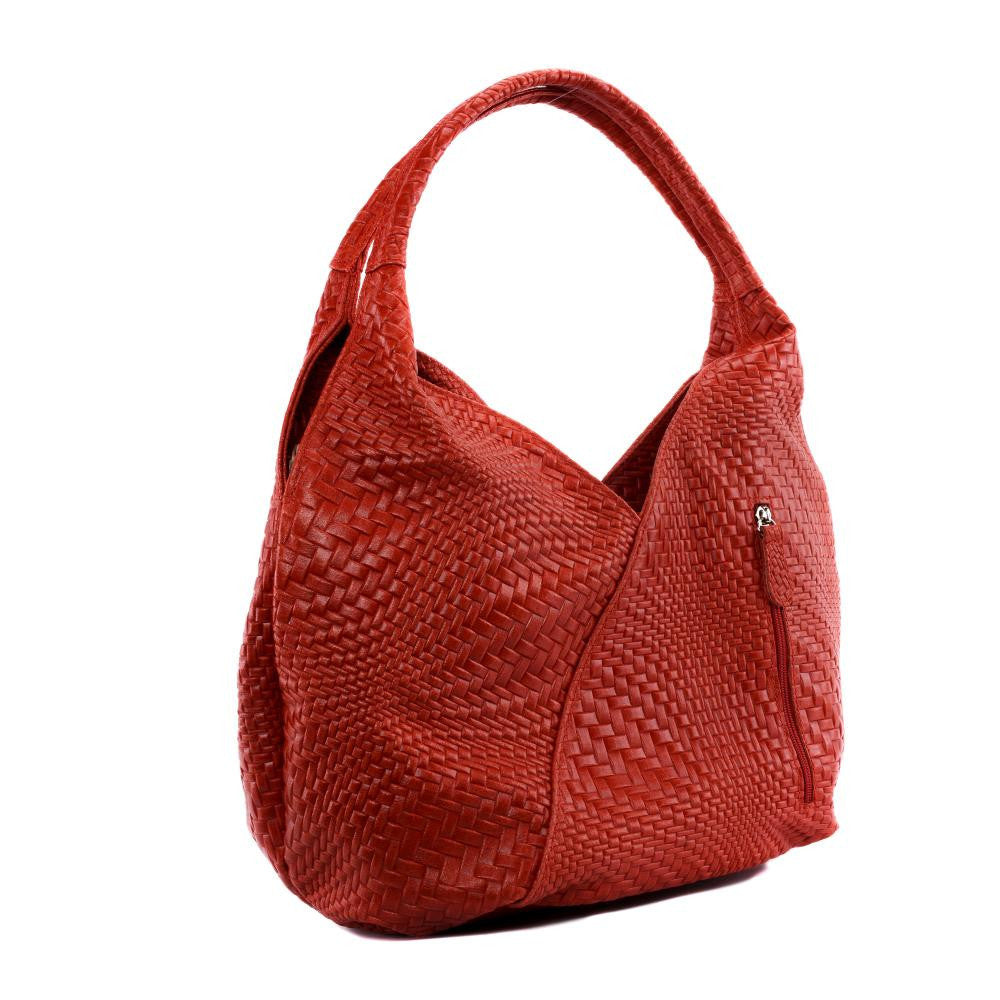 Sac HOBO en cuir embossé tressage MANDALAY Rouge garance