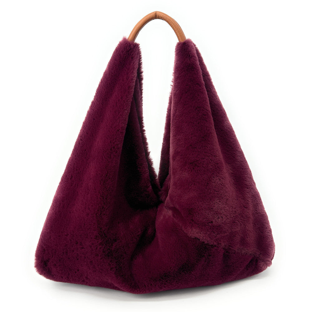 Grand sac hobo en fausse fourrure et cuir FLUFFY Rouge bordeaux