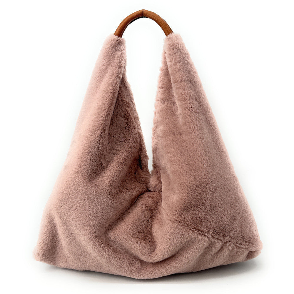 Grand sac hobo en fausse fourrure et cuir FLUFFY Rose poudre
