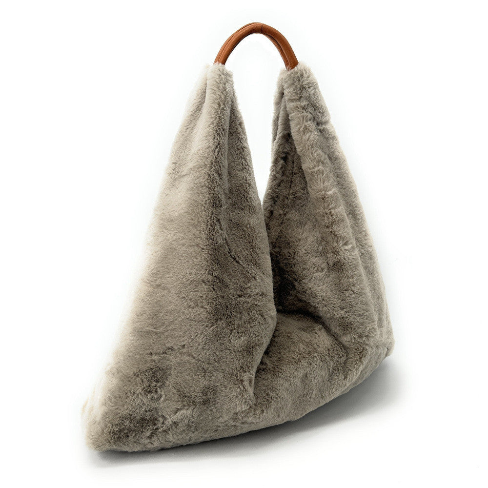 Grand sac hobo en fausse fourrure et cuir FLUFFY Gris taupe clair