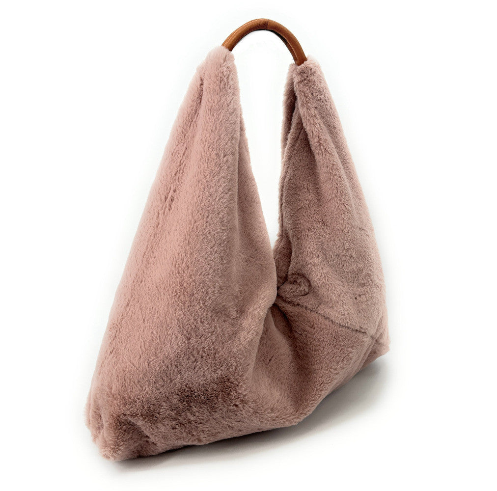 Grand sac hobo en fausse fourrure et cuir FLUFFY Rose poudre