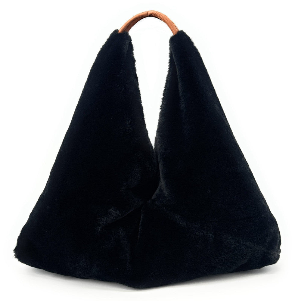 Grand sac hobo en fausse fourrure et cuir FLUFFY Noir