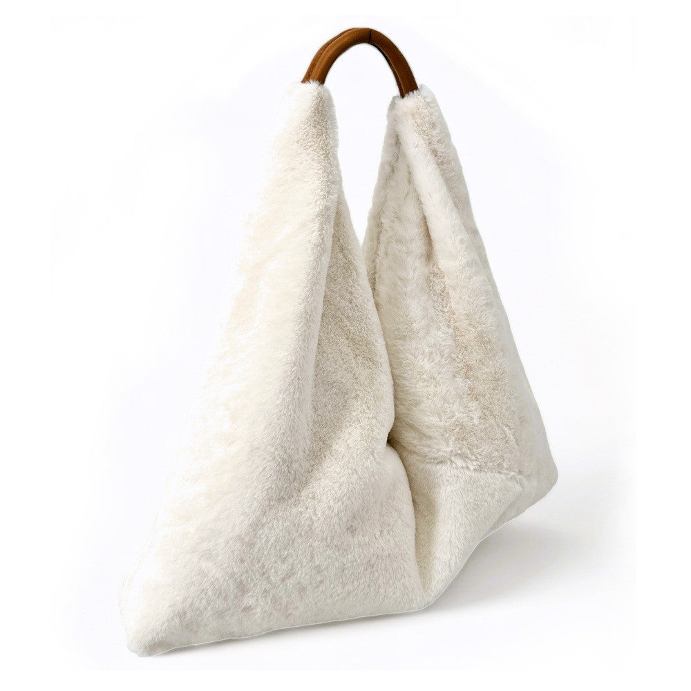 Grand sac hobo en fausse fourrure et cuir FLUFFY Ecru