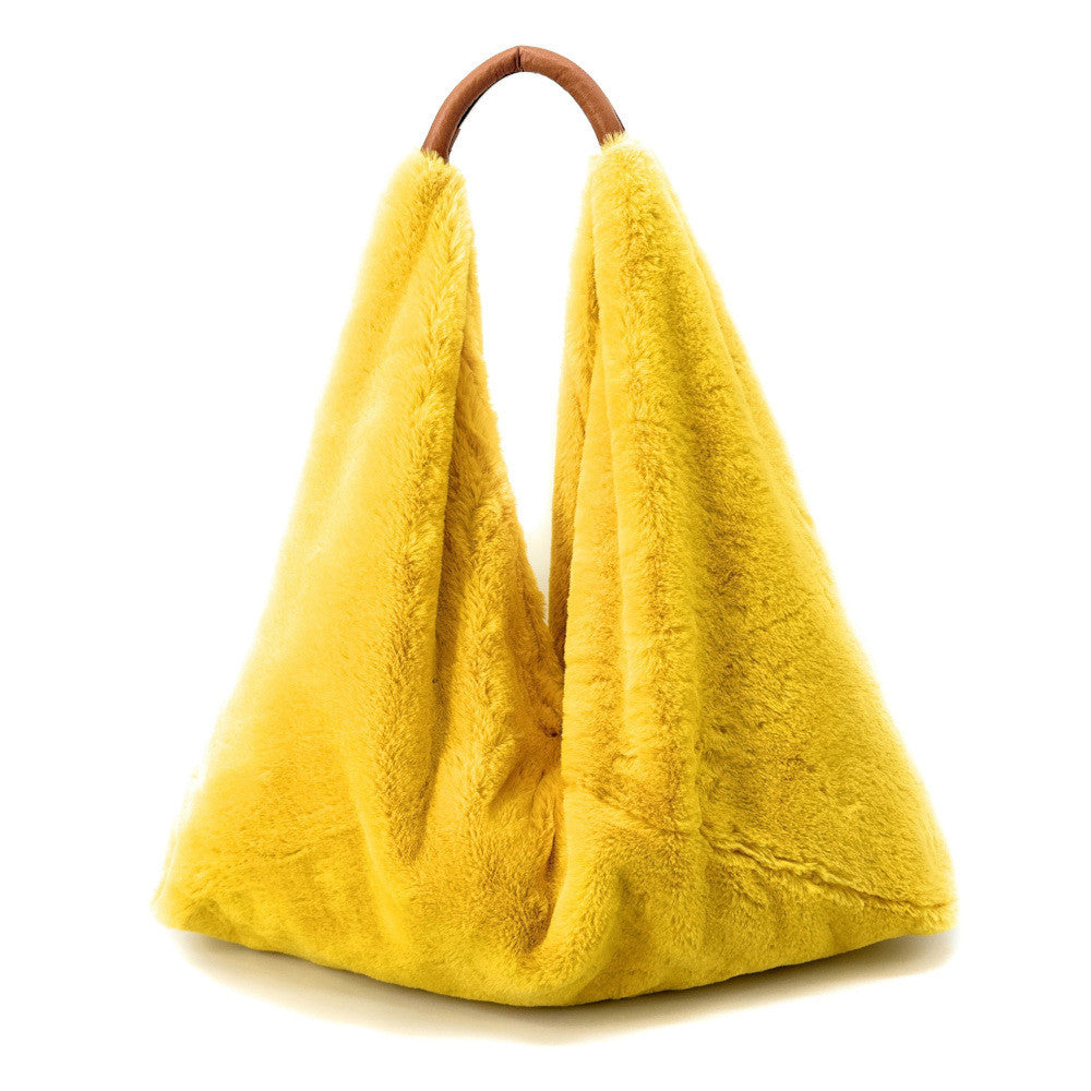 Grand sac hobo en fausse fourrure et cuir FLUFFY Jaune tournesol