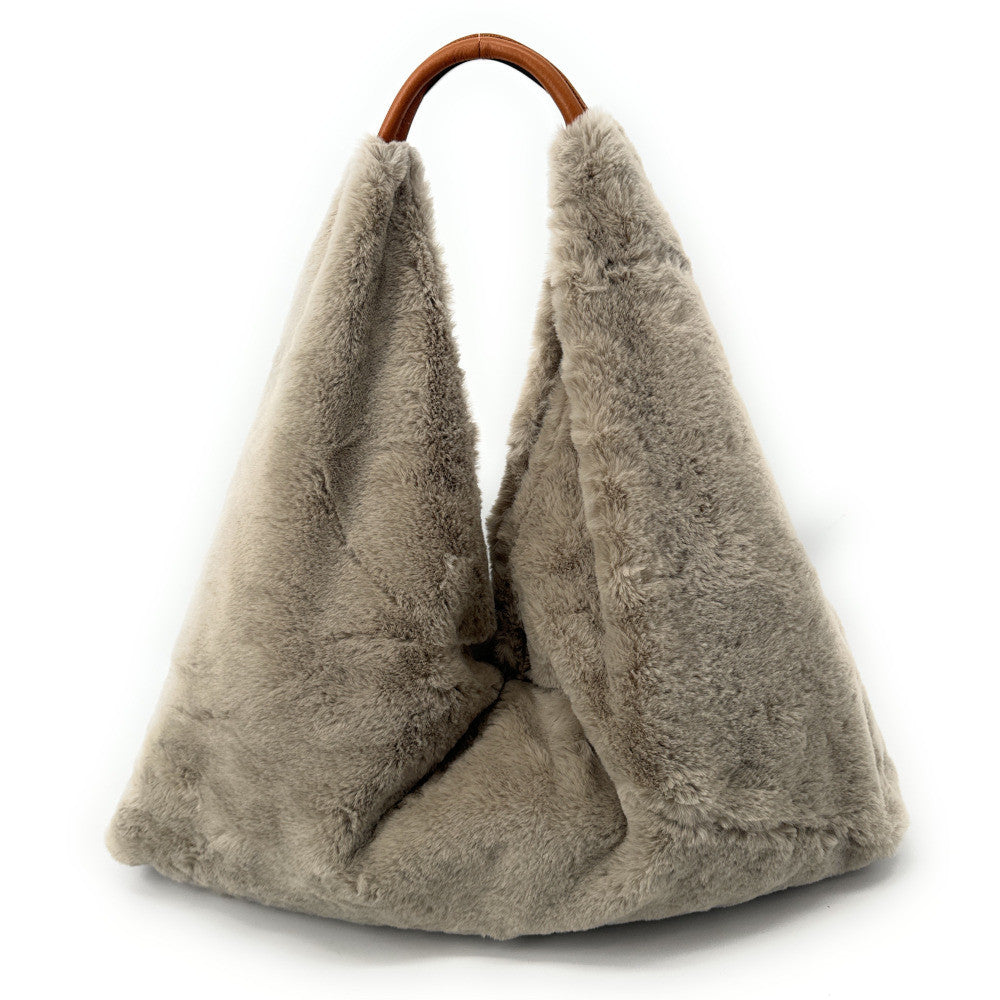 Grand sac hobo en fausse fourrure et cuir FLUFFY Gris taupe clair