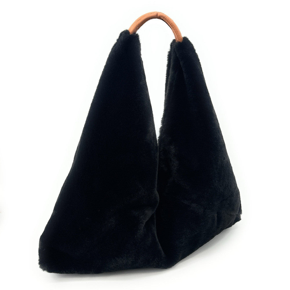 Grand sac hobo en fausse fourrure et cuir FLUFFY Noir