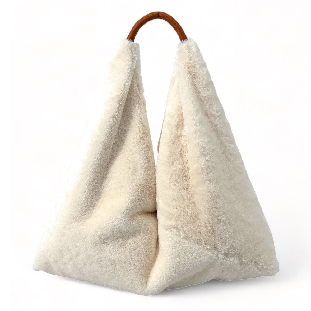 Grand sac hobo en fausse fourrure et cuir FLUFFY Ecru