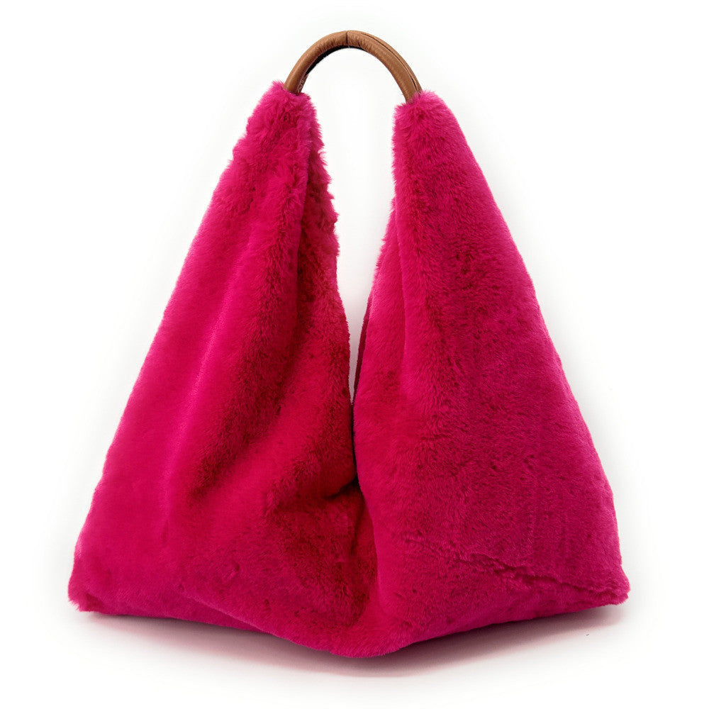 Grand sac hobo en fausse fourrure et cuir FLUFFY Rose fuchsia
