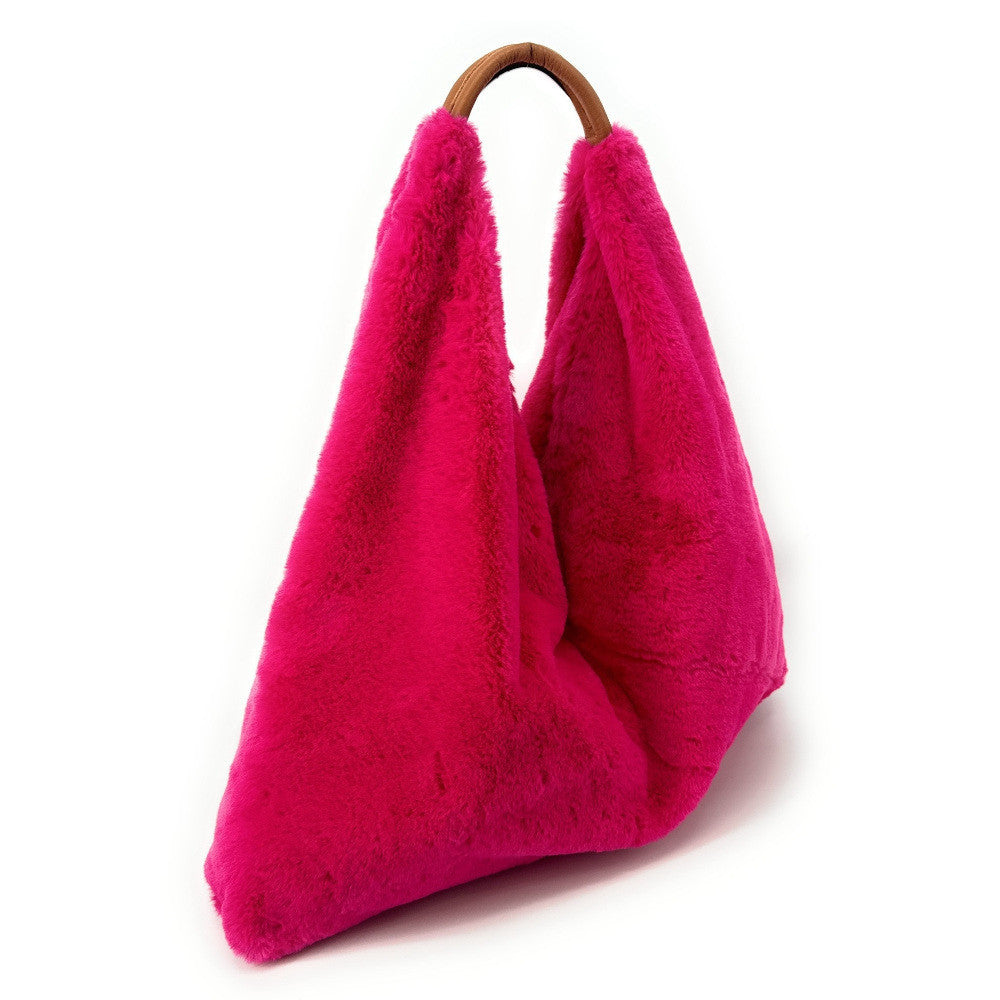 Grand sac hobo en fausse fourrure et cuir FLUFFY Rose fuchsia