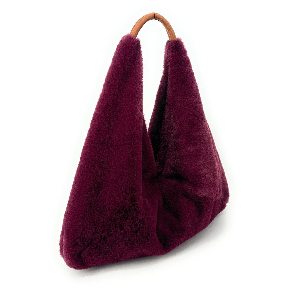 Grand sac hobo en fausse fourrure et cuir FLUFFY Rouge bordeaux