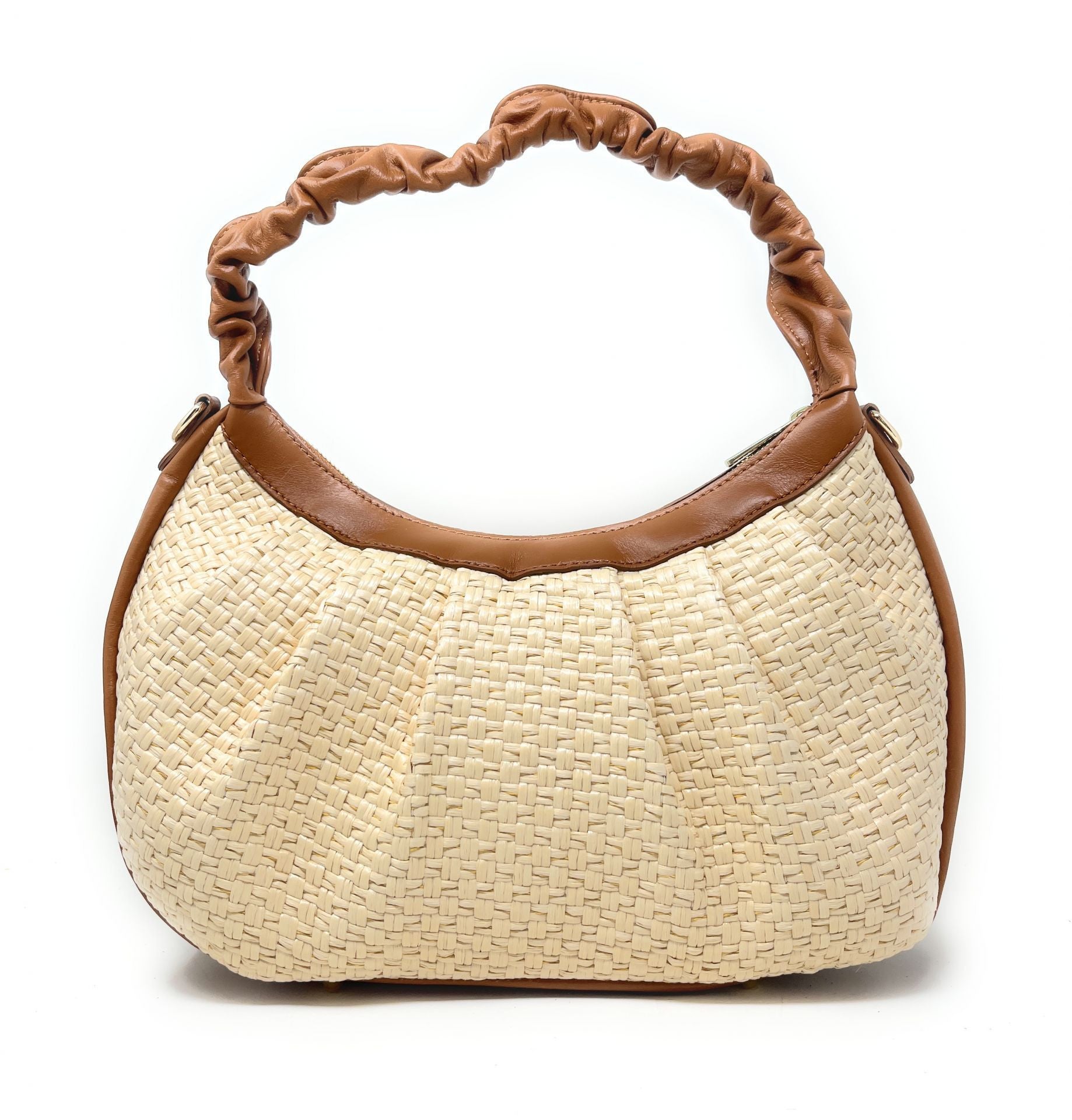 Sac HOBO en paille et cuir SELENE Cognac
