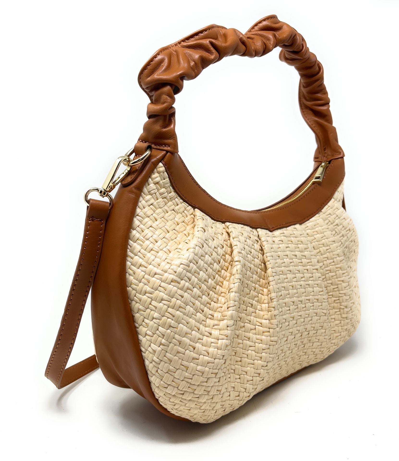 Sac HOBO en paille et cuir SELENE Cognac