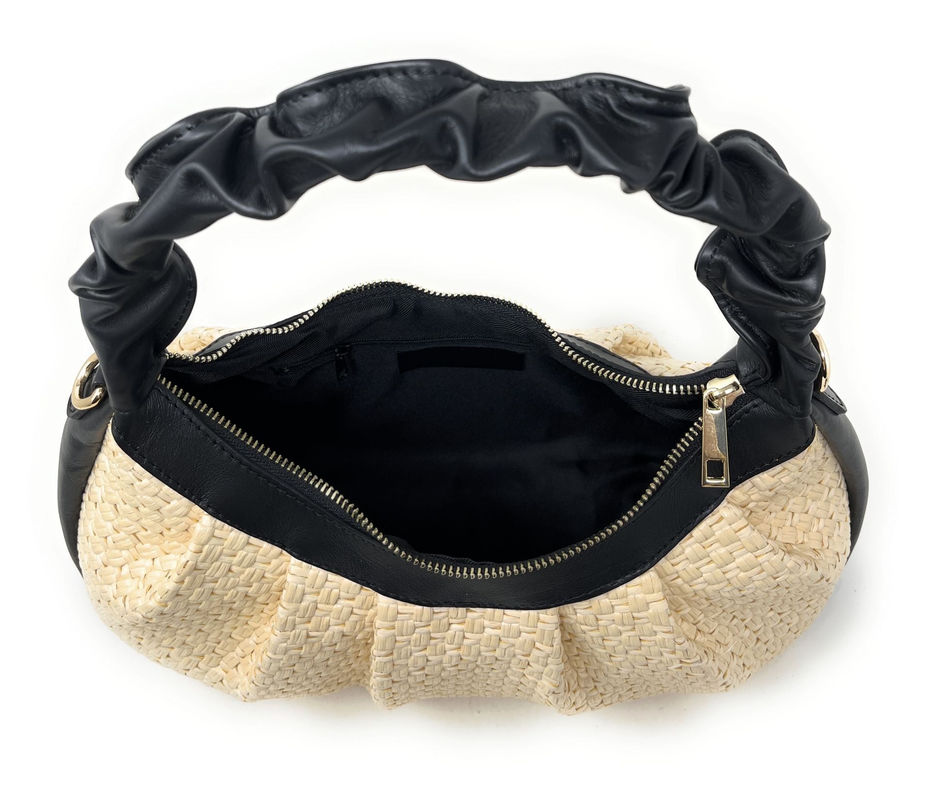 Sac HOBO en paille et cuir SELENE Noir