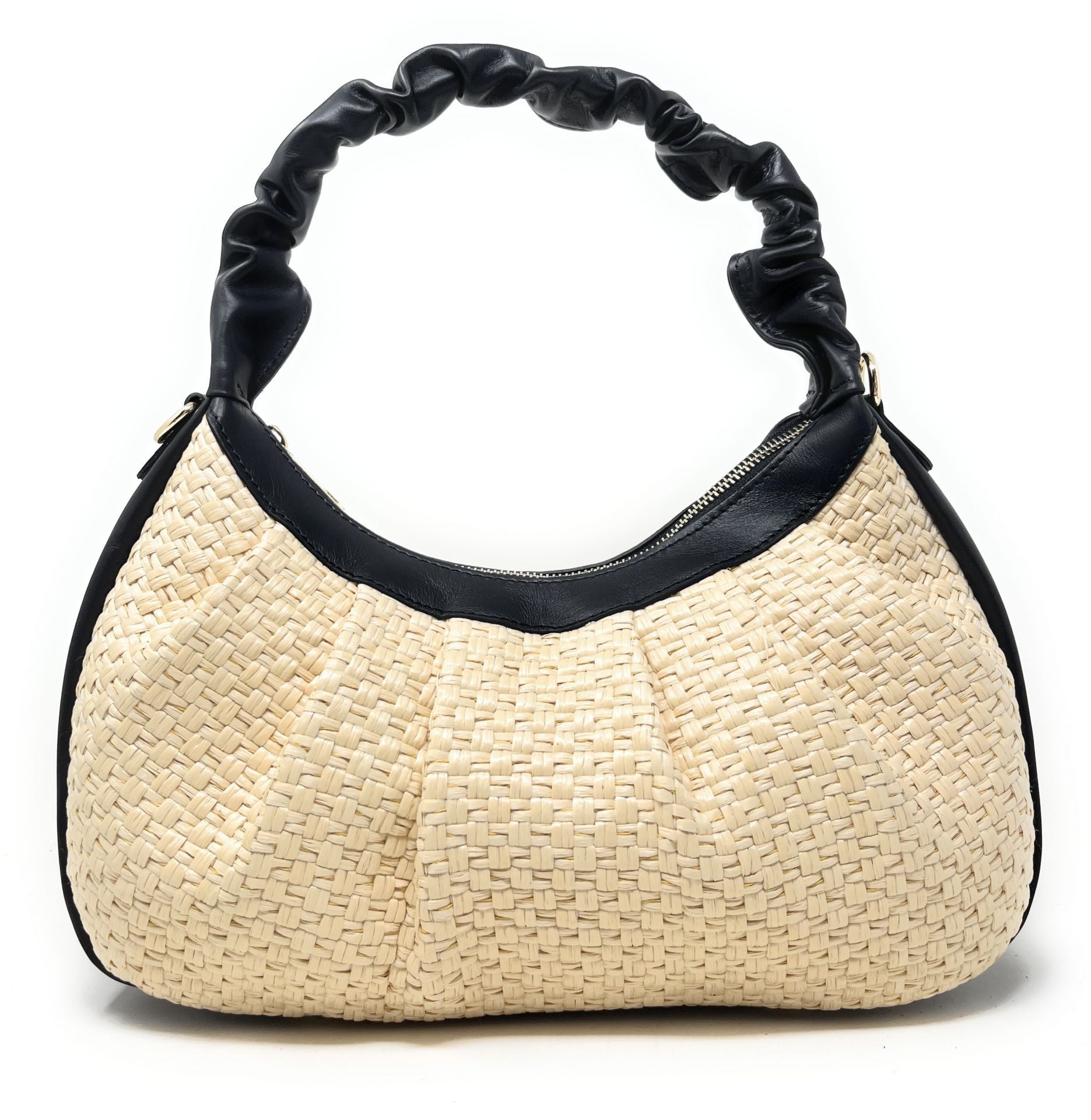 Sac HOBO en paille et cuir SELENE Noir