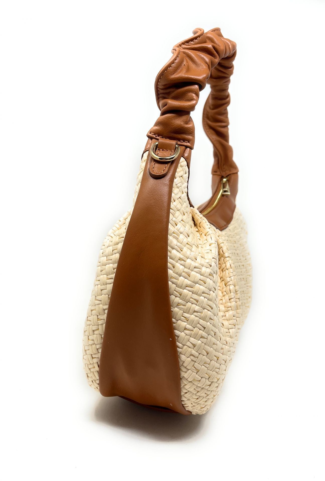 Sac HOBO en paille et cuir SELENE Cognac