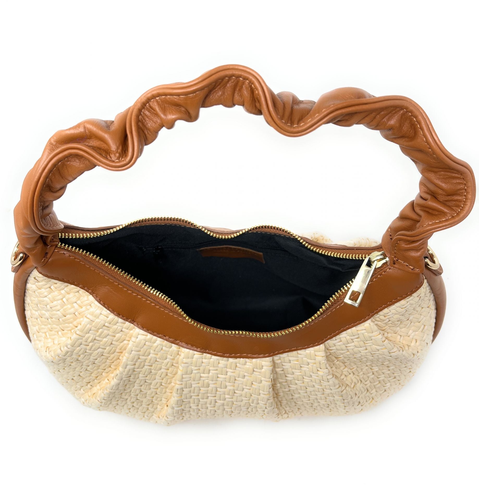 Sac HOBO en paille et cuir SELENE Cognac